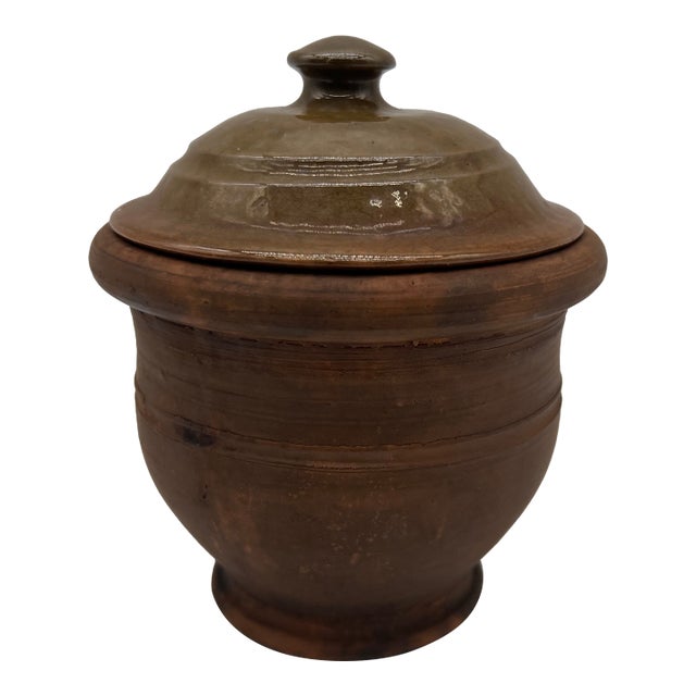 A Antique Folk Art Small Redware Crock With Lid, by Stahl's Pottery, Powder Valley, Pa, 1948 For Sale
