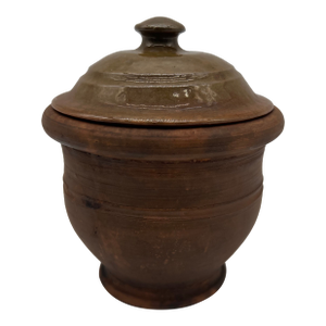 A Antique Folk Art Small Redware Crock With Lid, by Stahl's Pottery, Powder Valley, Pa, 1948