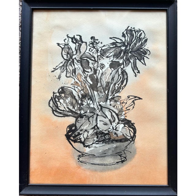 1960s 1967 Impressionist Style Set of 4 Pen & Ink Watercolors of Flowers For Sale - Image 5 of 8