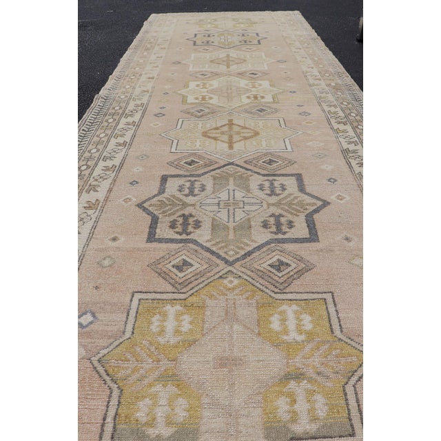 Antique Turkish Oushak Runner With Soft Gold and Celadon Geometric Medallions For Sale - Image 11 of 13