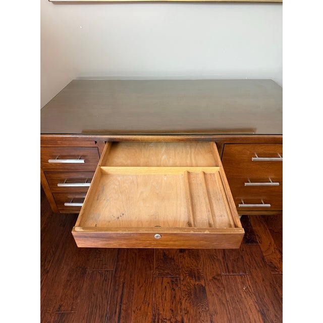Wood 1950s Mid Century Walnut Executive Desk With Glass Top For Sale - Image 7 of 12