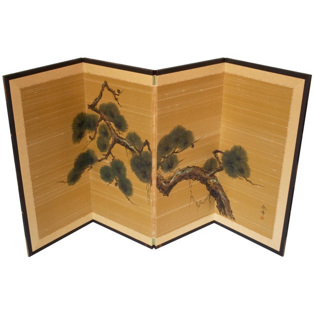 "Old Pine Tree", Pre-1964 Showa Era Japanese Painted Silk Byobu Screen For Sale - Image 4 of 17