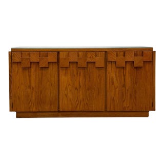 Vintage Buffet Lane Staccato Brutalist MCM Sideboard Collectible Glass Top For Sale