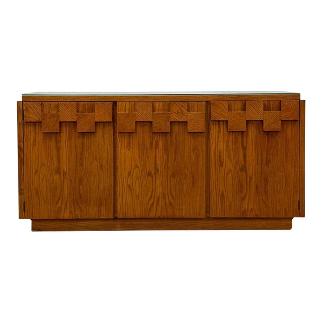 Vintage Buffet Lane Staccato Brutalist MCM Sideboard Collectible Glass Top For Sale