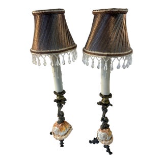 Vintage Art Nouveau Bronze Figural and Shell Lamps- A Pair For Sale