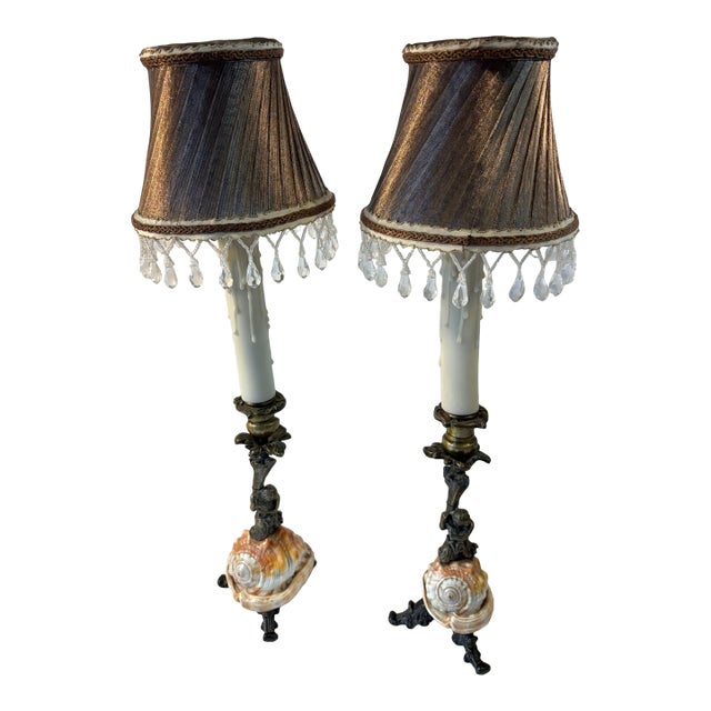 Vintage Art Nouveau Bronze Figural and Shell Lamps- A Pair For Sale