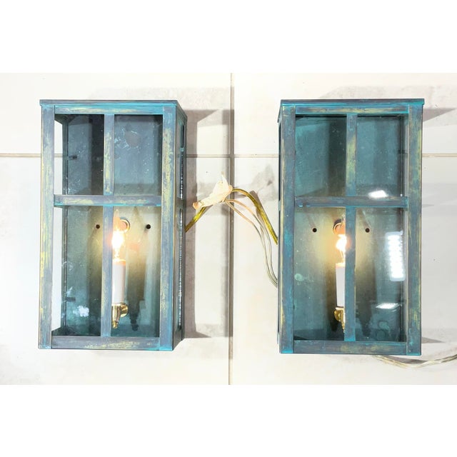 Exquisite Vintage Verdigris Brass Wall Lanterns / Sconces – Pair For Sale In Miami - Image 6 of 17
