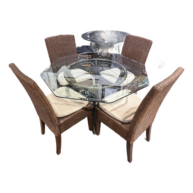 Glass Top Table With Four Rattan Chairs For Sale