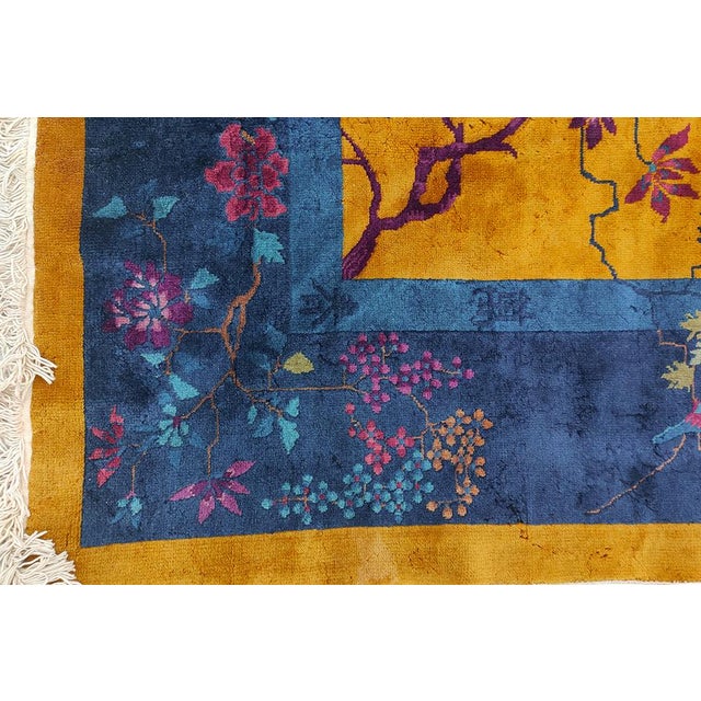 1920s Antique Chinese Floral Art Deco Wool Manchester Yellow Hand Knotted Rug For Sale In New York - Image 6 of 9