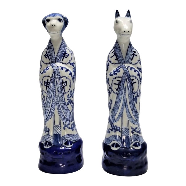 Chinese Zodiac Porcelain Figurines Statues a Pair Chinoiserie Mid