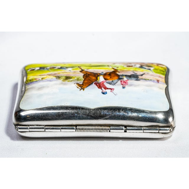 Exceptional Hand Painted Enamel Antique Sterling Silver Cigarette Case Horse Equestrian English Country Fox Hunt Scene For Sale - Image 16 of 18