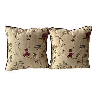 Embroidered Floral 18” Feather/Down Pillows - A Pair For Sale