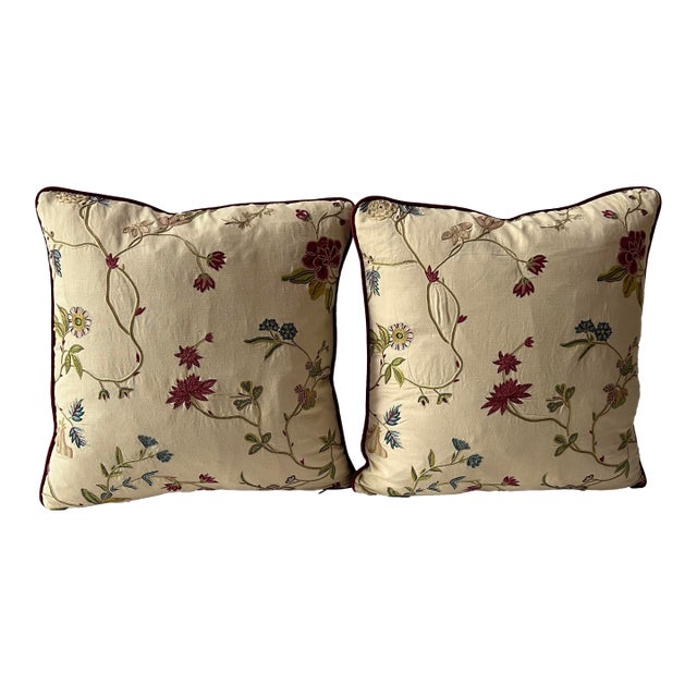 Embroidered Floral 18” Feather/Down Pillows - A Pair For Sale