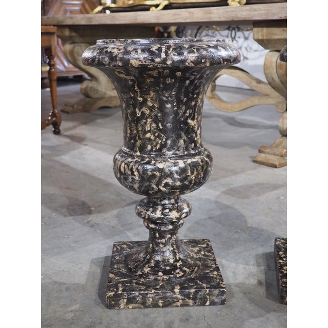 Wood Pair of Decorative Faux Portoro Marble Wooden Campana Vases From Italy For Sale - Image 7 of 18
