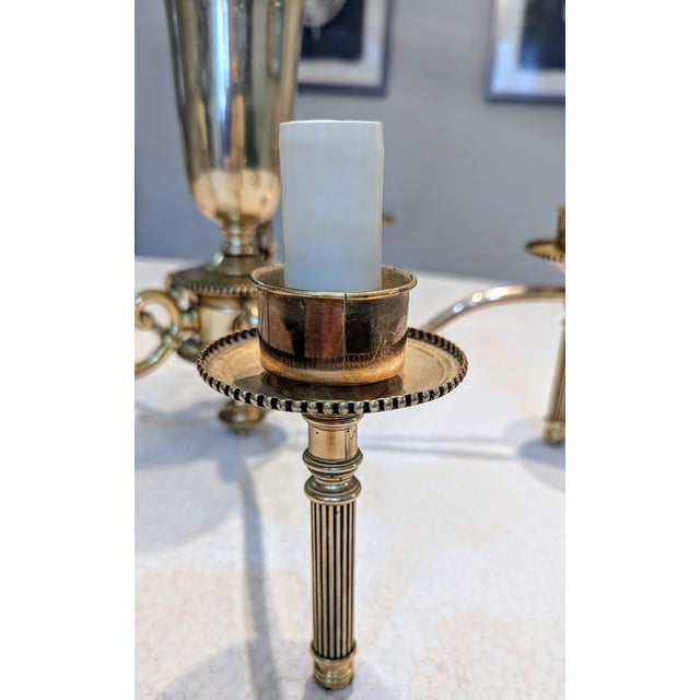 Metal Vintage Brass Bouillotte Chandelier 5-Light Etched Glass Globes For Sale - Image 7 of 15
