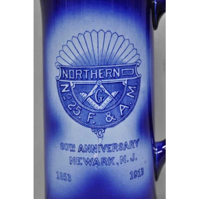 Art Deco Antique 1913 60th Anni Northern Lodge No. 25 Masonic Cobalt Blue Ceramic Pitcher For Sale - Image 3 of 16