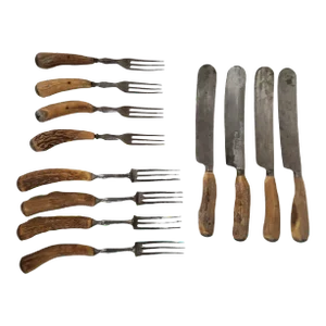Mid 19th Century Civil War Era Corsan, Denton, & Burdekin Antler Handle Table Knives and Forks- 12 Pieces