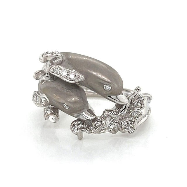 Mid 20th Century Mid 20th Century Carrera y Carrera Diamond 18k White Gold Double Dolphin Ring Size 5 For Sale - Image 5 of 9