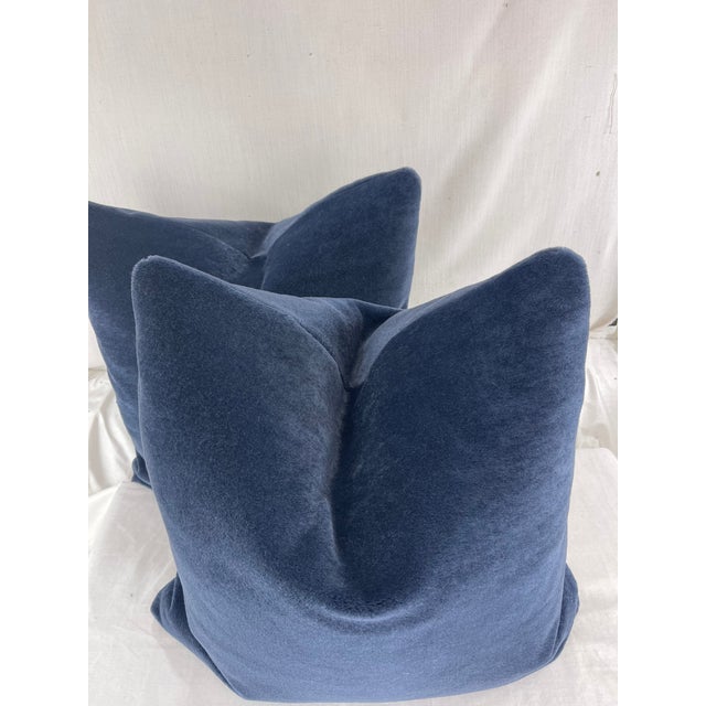 Custom pair of 22" pillows covered in Schumacher "Regal Mohair" in navy, a plush teddy style mohair. These pillows have...
