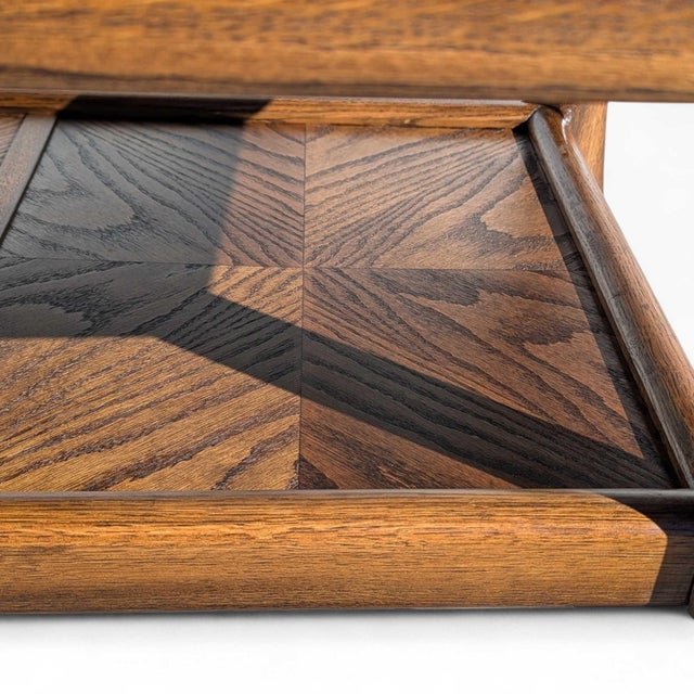 Mid 20th Century Smoked Glass and Oak Parquetry Coffee Table With Lower Shelf For Sale - Image 4 of 18