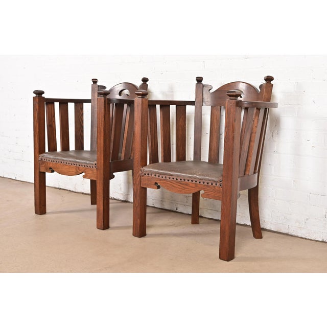 Mission Stickley Brothers Style Antique Mission Oak Arts & Crafts Cube Club Chairs, Pair For Sale - Image 3 of 12