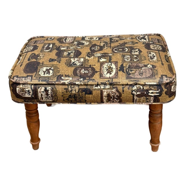 Vintage MCM Babcock Phillips Colonial Tavern Print Vinyl Footstool For Sale