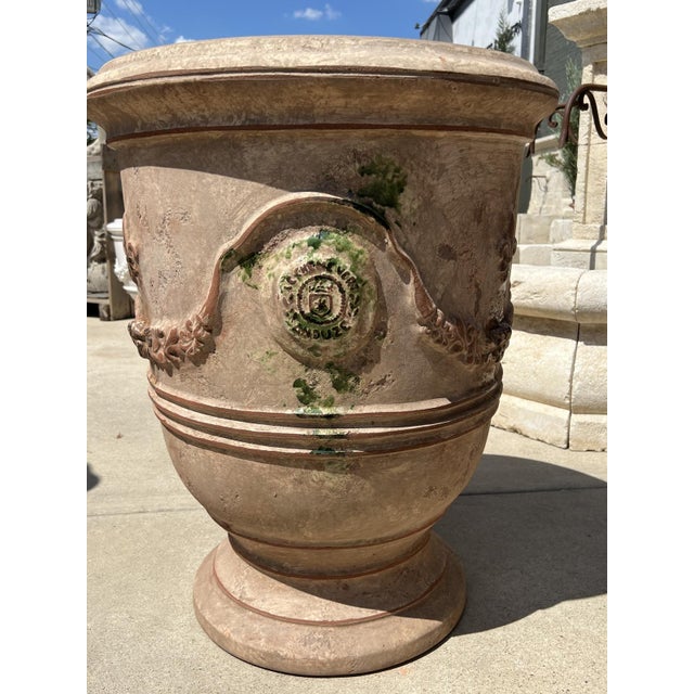 Ceramic Pair of 31 Inch French Anduze Planters With Antique Patine, Fleur De Lys For Sale - Image 7 of 12