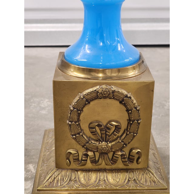Antique French Blue Opaline Glass & Bronze Candelabra Table Lamp For Sale - Image 10 of 16