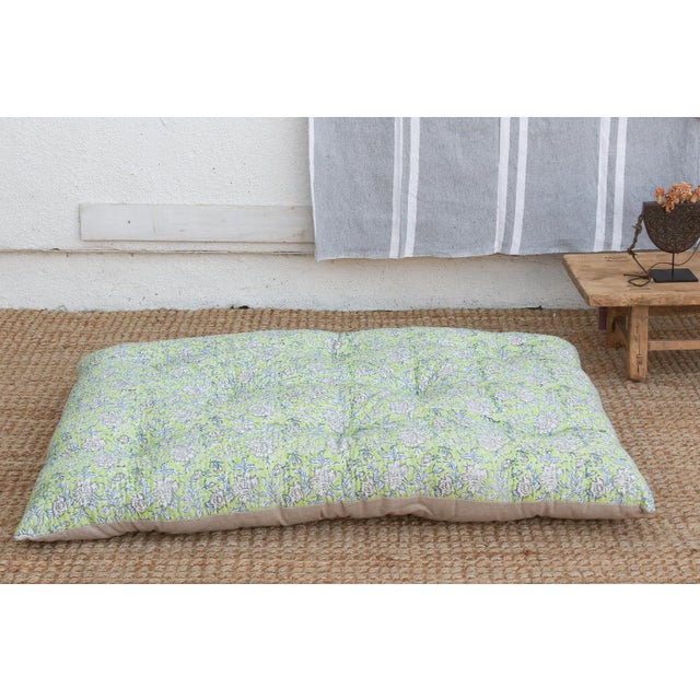 Hand Block Printed Jaipur Spring Green Floor Cushion For Sale In Los Angeles - Image 6 of 9