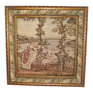 Vintage 1950s French Gold Leaf Framed Tapestry of 17th Century Scene