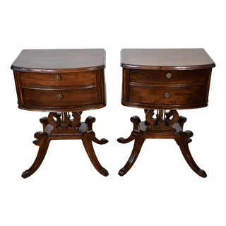 1920s Duncan Phyfe Mahogany Lyre Base Pair of Nightstands / Bedside Tables For Sale
