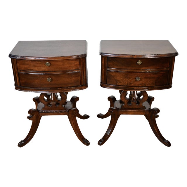 1920s Duncan Phyfe Mahogany Lyre Base Pair of Nightstands / Bedside Tables For Sale