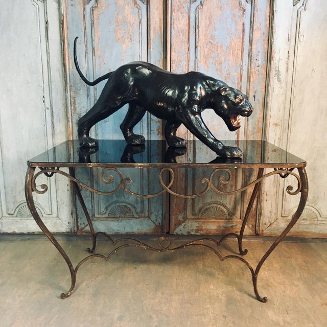 French Art Deco Wrought Iron Dining Table with Black Colored Glass, 1930s For Sale - Image 6 of 18