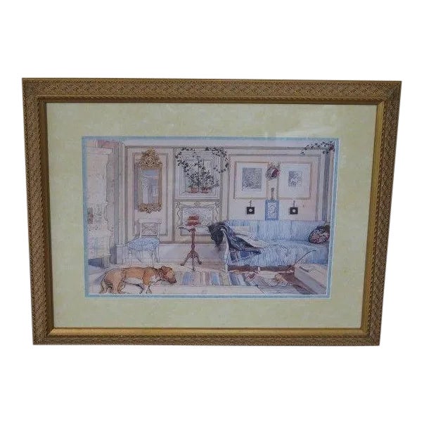 1990s Framed & Matted Decorative Print Living Room Scene Reproduction For Sale