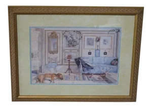 1990s Framed & Matted Decorative Print Living Room Scene Reproduction