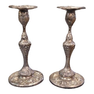 A Pair Antique Sterling Silver Candlesticks Art Nouveau For Sale