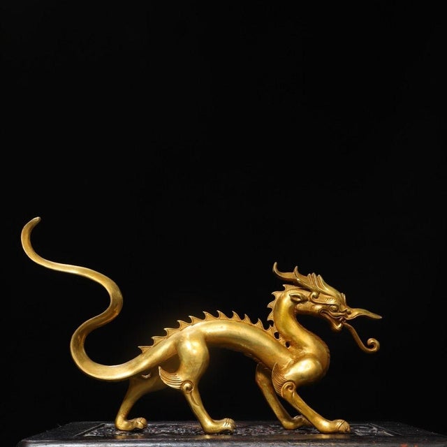 Contemporary Vintage Gilt Copper Striding Dragon Statue / Scholar's Desk Object For Sale - Image 3 of 9