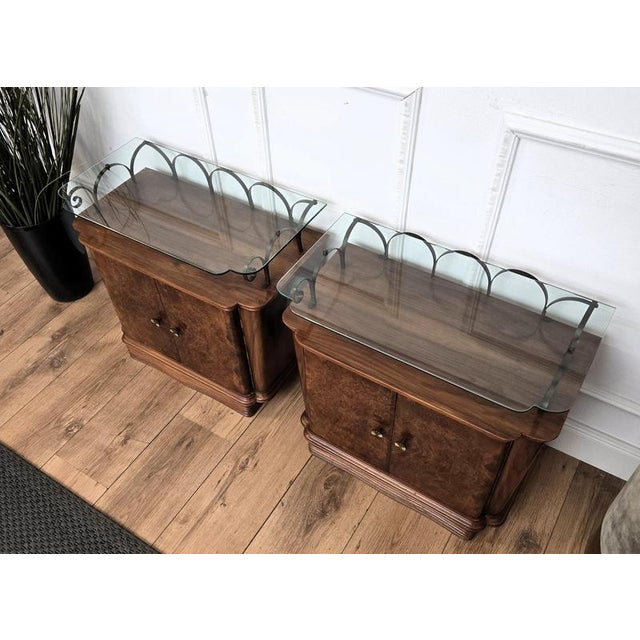 Metal Mid-Century Italian Art Deco Style Walnut Bedside Tables with Glass Tops, 1950s, Set of 2 For Sale - Image 7 of 10