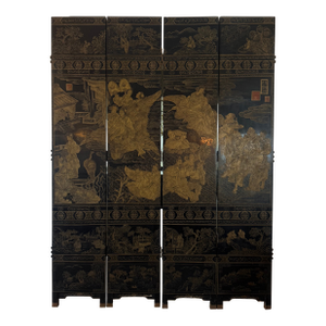 Monumental Antique Chinese Coromandel Style Qing Lacquer Four-Panel Screen