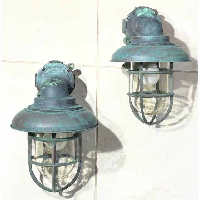 Vintage Maritime Solid Copper & Brass Sconces Size 14” High X 9” Wide X 10” Deep For Sale - Image 16 of 17