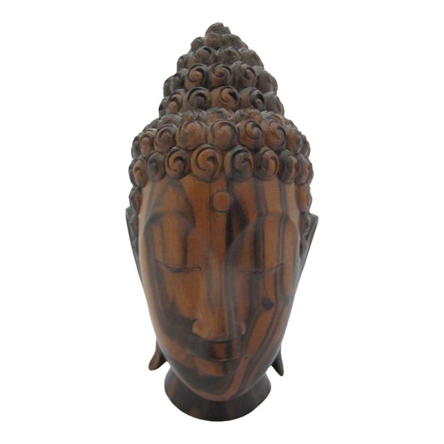 Finely Hand Carved Wood Balinese Buddha Head Meditation Figure Statue For Sale
