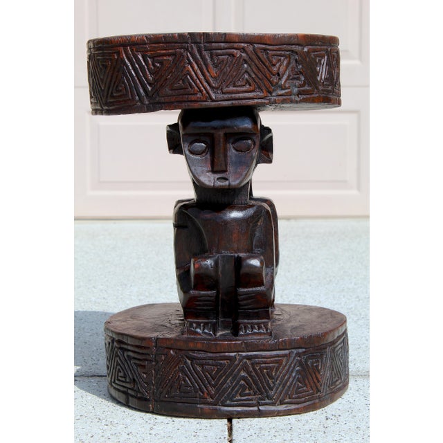 Vintage Hand-Carved African Man & Woman Figural Stool – 20.5” H X 15.75” W Sculptural Tribal Side Table With Geometric Carving For Sale - Image 10 of 17