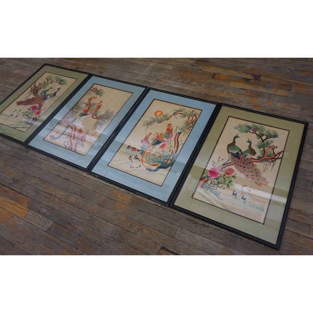 Textile Wonderful Ivory Color With Floral Design Antique Set of Silk Embroidery of Peacock & Phoenix For Sale - Image 7 of 15