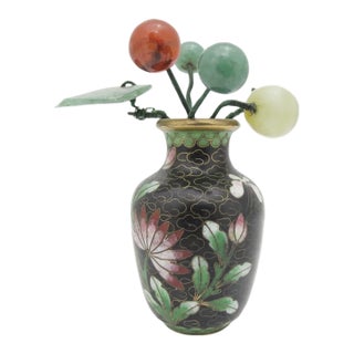 Chinese Black Flower Cloisonne Miniature Vase With Stone Flower Bouquet For Sale