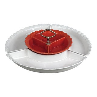 Mid-Century California Pottery Orange & White Lazy Susan Chip & Dip Centerpiece For Sale