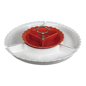 Mid-Century California Pottery Orange & White Lazy Susan Chip & Dip Centerpiece