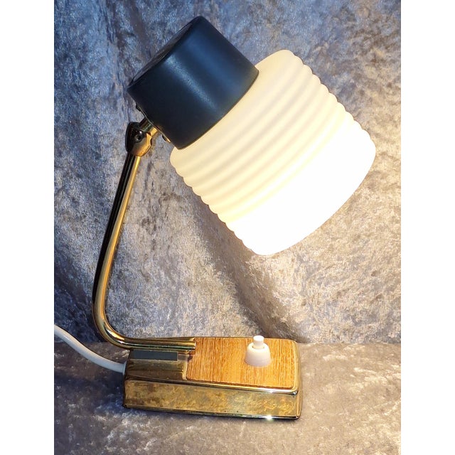 Metal Mid-Century Brass and Teak Wood Table Lamp with White Glass Shade, Germany, 1960s For Sale - Image 7 of 7