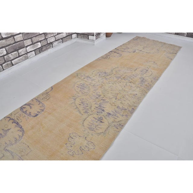 Vintage Faded Floral Turkish Runner, Ochre and Soft Violet Rug For Sale In Phoenix - Image 6 of 10