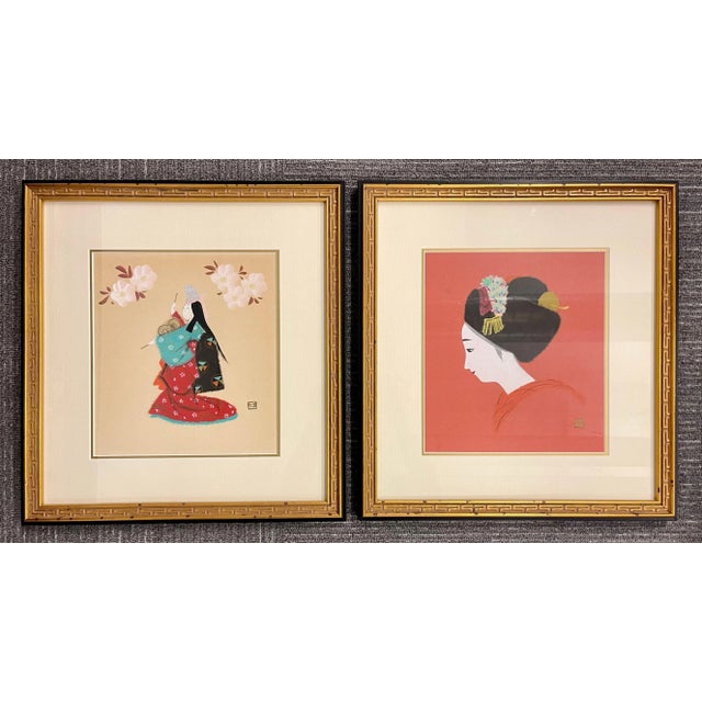 Japanese Pair of Japanese Woodblocks Custom Frames Signed For Sale - Image 3 of 13