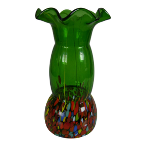 1980s Czech Bohemian Hand Blown Green Glass Vase Yellow Pulls and Multi-Colored Base